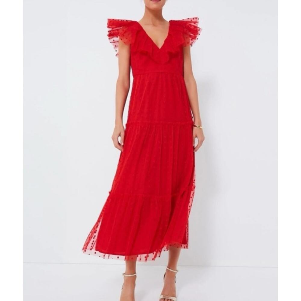 Tuckernuck Giselle Dress Gown Red Tulle Size L Maxi Wedding Guest